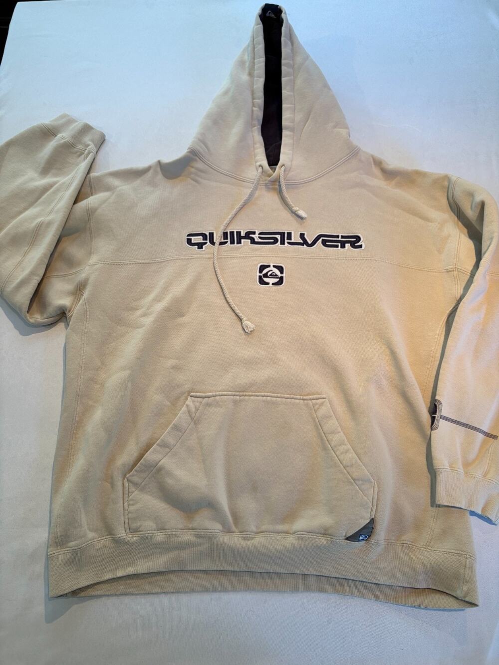 Vintage Y2K Quiksilver Embroidered Spellout Hoodie Cream Beige Men's XL Surf Ska